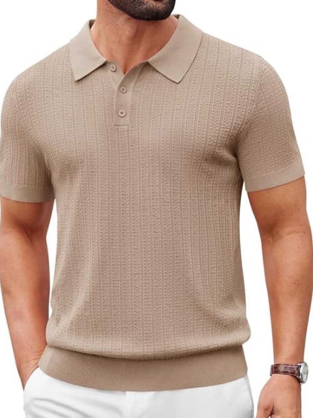 Men's Khaki Casual Knit Polo Short Sleeve Slim T-Shirts Fit Textured